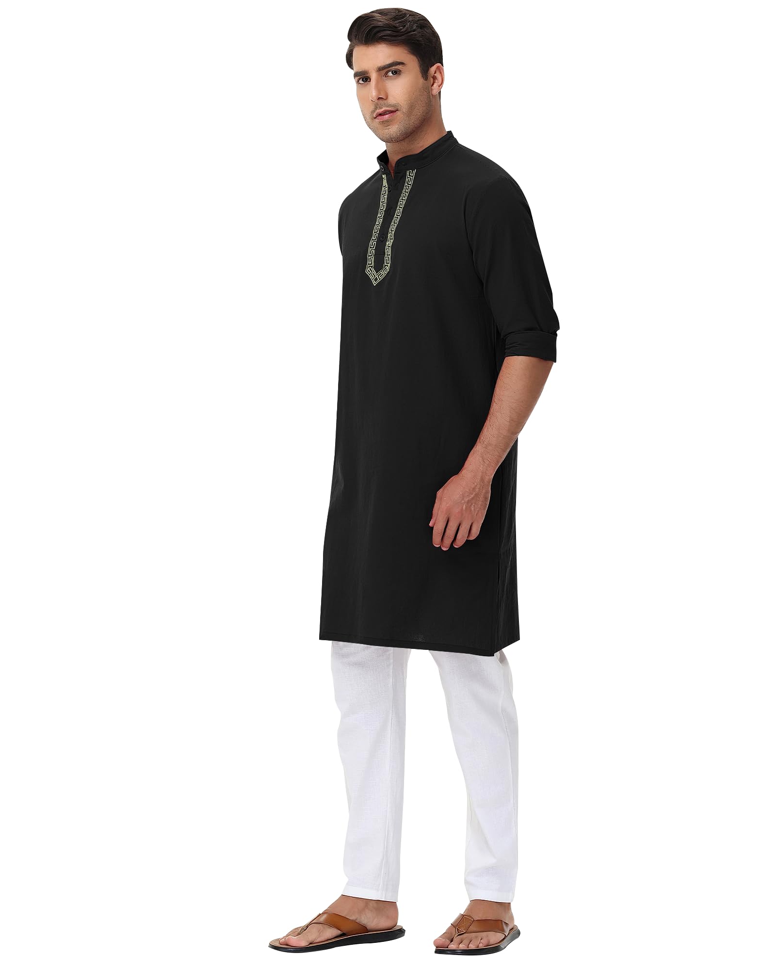 NANAMEEI Kurta Hombre de Algodón y Lino Manga Larga Tradicional Túnica India para Meditación y Yoga