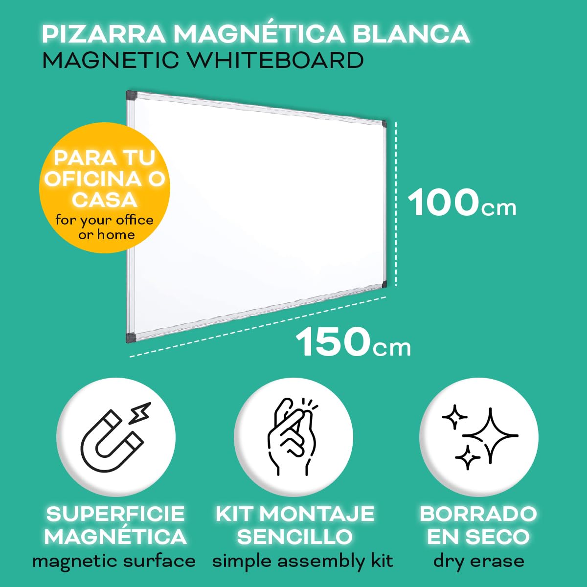 Ofituria Tableau magnétique blanc, cadre en aluminium, surface lisse, facile à effacer, pour prendre des notes, dessiner, enseigner ou organiser l'outil pour le bureau et l'école 150 x 100 cm