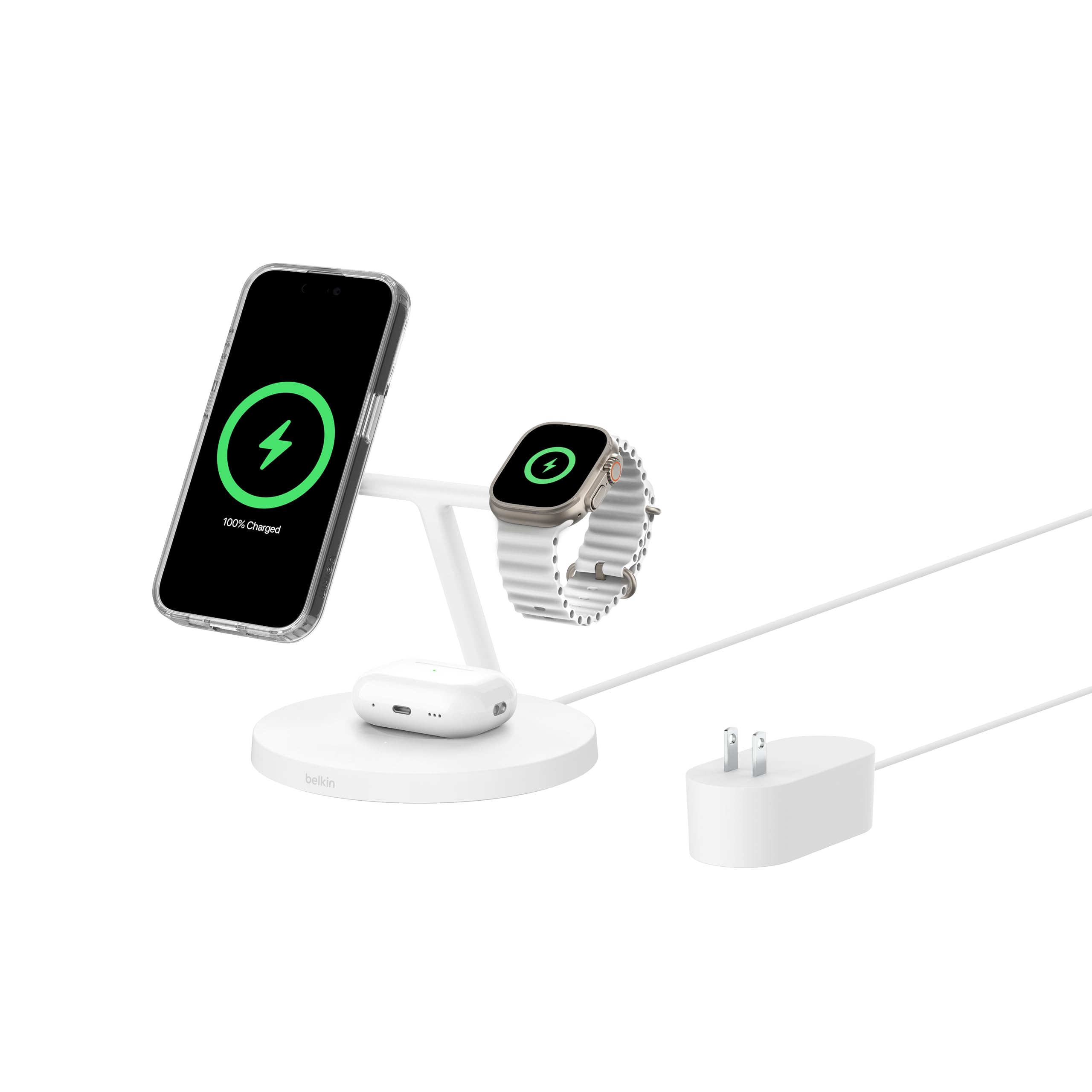 Belkin MagSafe-Compatible Charger, 3-in-1 Wireless Charging Station, Qi2-Certified 15W Wireless Charger for Apple iPhone 16 Series, Apple Watch, AirPods w/Non-Slip Base, 40W Charger Included - White