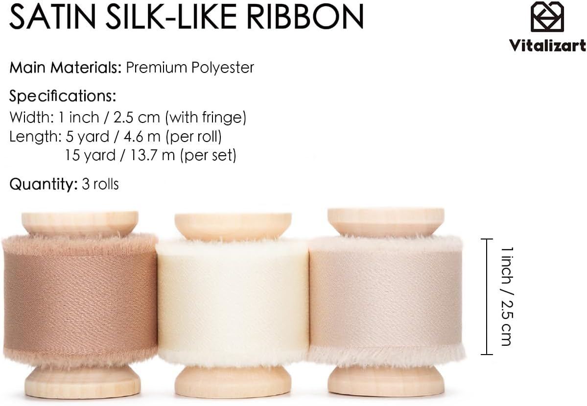 Vitalizart Silk Satin Ribbon 1 Inch x 15 Yard Wooden Spool Champagne & Nude Handmade Frayed Ribbon for Gift Wrapping Baby Shower Wedding Bridal Bouquets Holiday Decor Light Brown