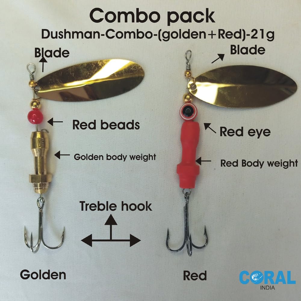 Coral India Dushman-Combo-(Golden+Red)-21g: Brass Body Heavy Duty Fishing Spinner Lure Set (21g, Combo Pack) for Bass, Catfish 2