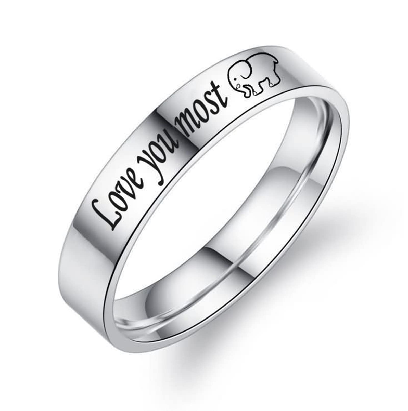 AmDxD Alianza para boda plateada, acero inoxidable, anillo de compromiso con pareja grabada con el elefante Love You Most/More, W54 & M66.5, Acero inoxidable, Sin piedras preciosas