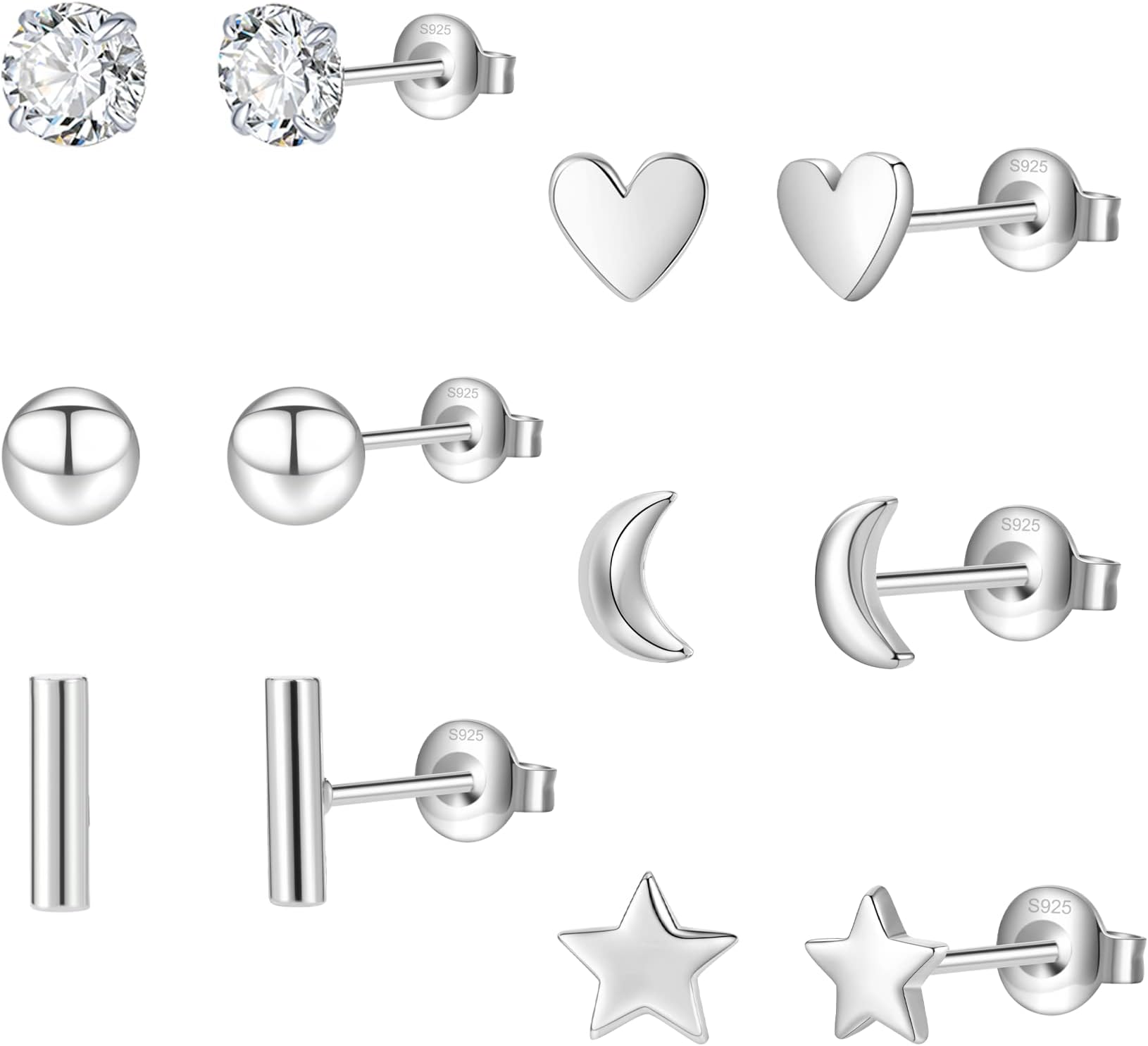6Pairs Silver Studs Earrings for Women Sterling Silver Stud Earrings 6Pairs Silver Studs Earrings for Women Star Moon Ball Heart Sets for Teens Girls Gifts with Boxs