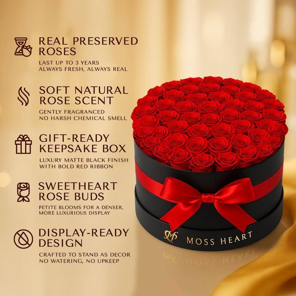 50 Preserved Roses in Designer Round Box, Real Forever Roses, Long-Lasting 1+ Year, No Watering, Luxury Home Décor Arrangement, Valentine’s Day Gift for Wife or Girlfriend - Image 3