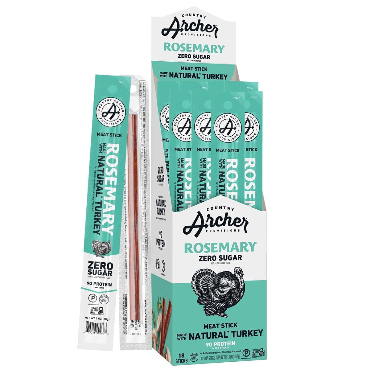 Country Archer Turkey Jerky Sticks - All Natural Turkey Sticks, Meat Snack for People, Gluten Free, Keto Protein Snack, Rosemary Flavor - 1 oz (Pack of 18)