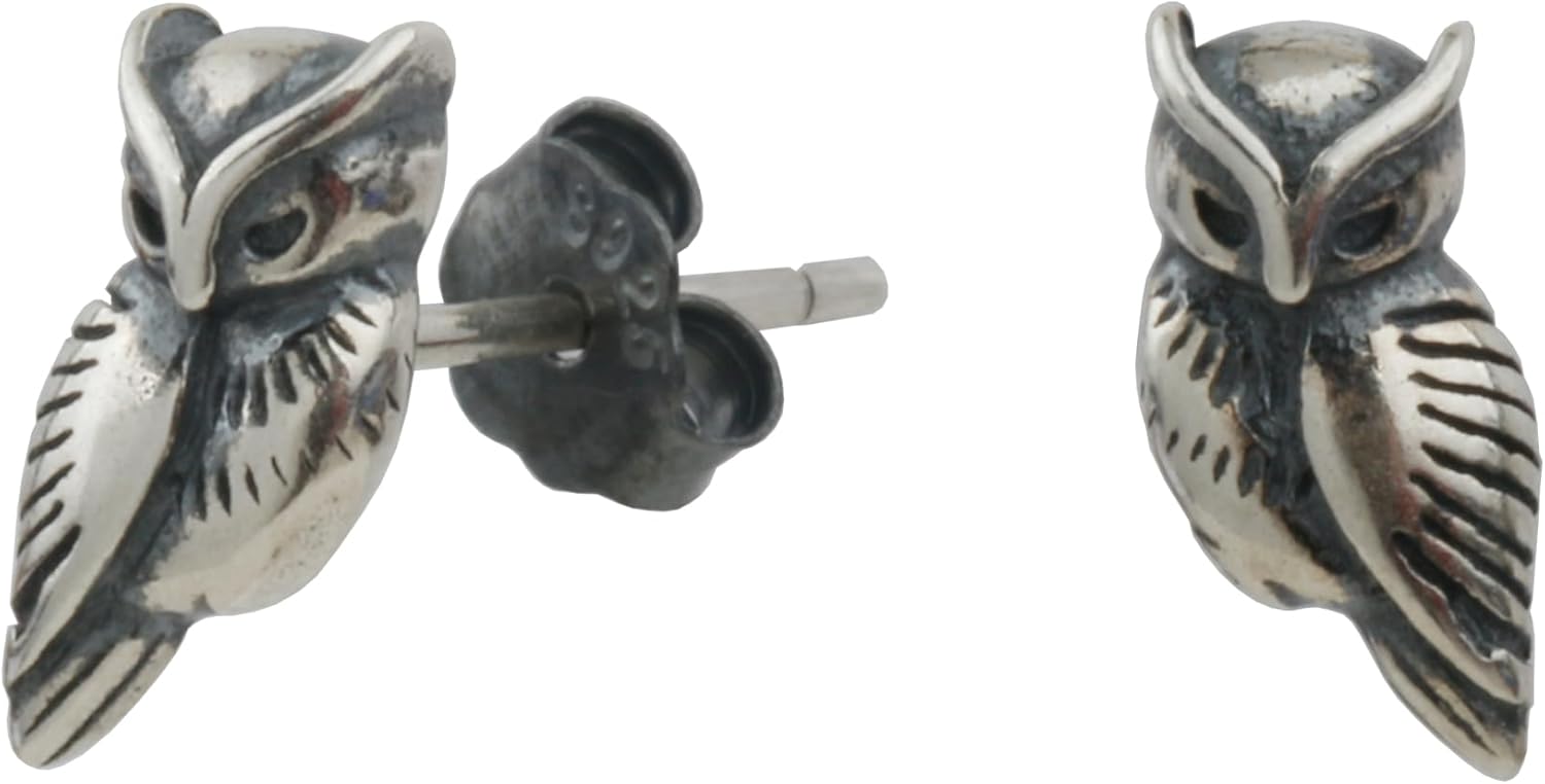 Handmade Sterling Silver Owl Stud Earrings for Women Men, Oxidized