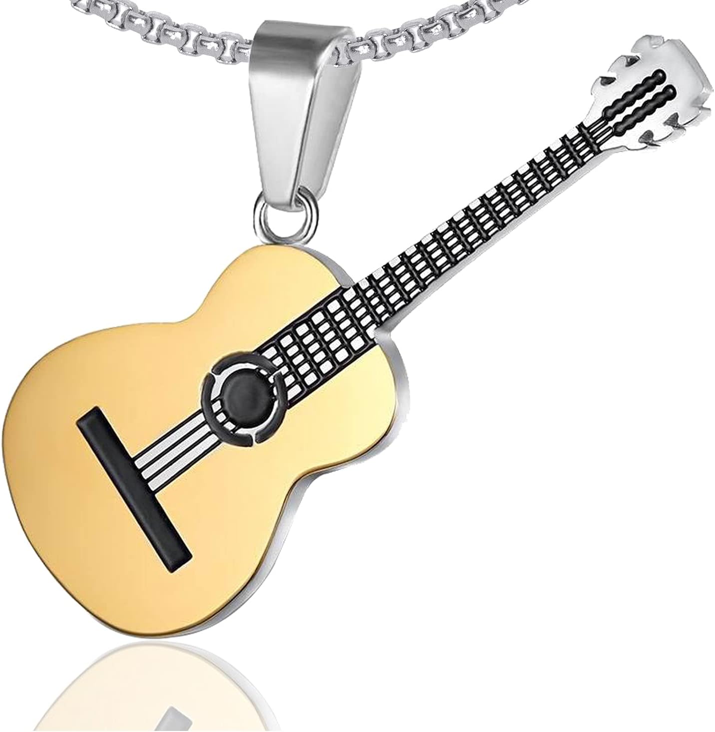 Punk Rock Music Style Titanium Steel Guitar Pendant Necklace,24inches Box Chain