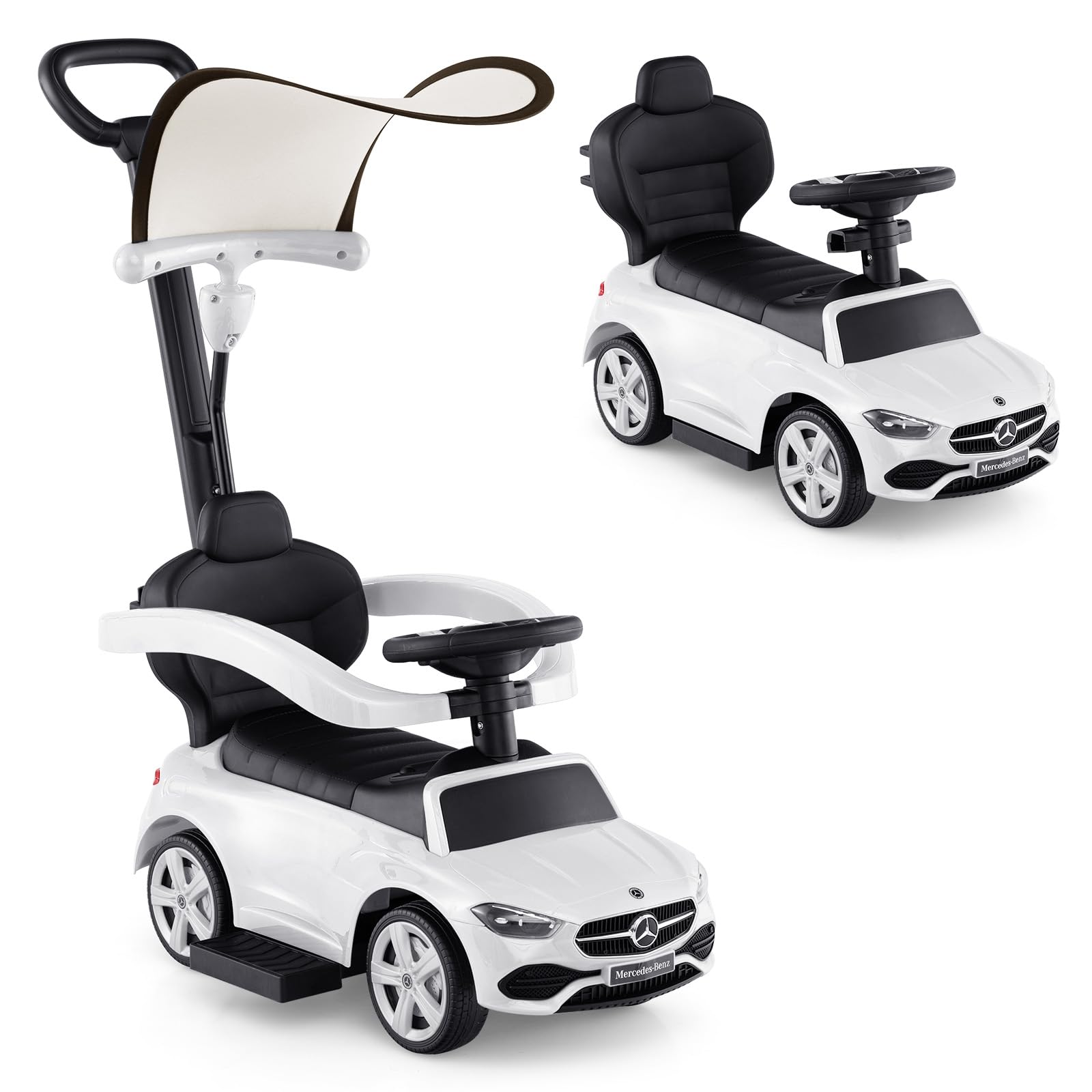 INFANS Push Car for Toddlers, 3 in 1 Sliding Walking Car with Push Handle, Horn, Music, Underneath Storage, Foot-to-Floor Ride on Toys for Boys Girls (White)