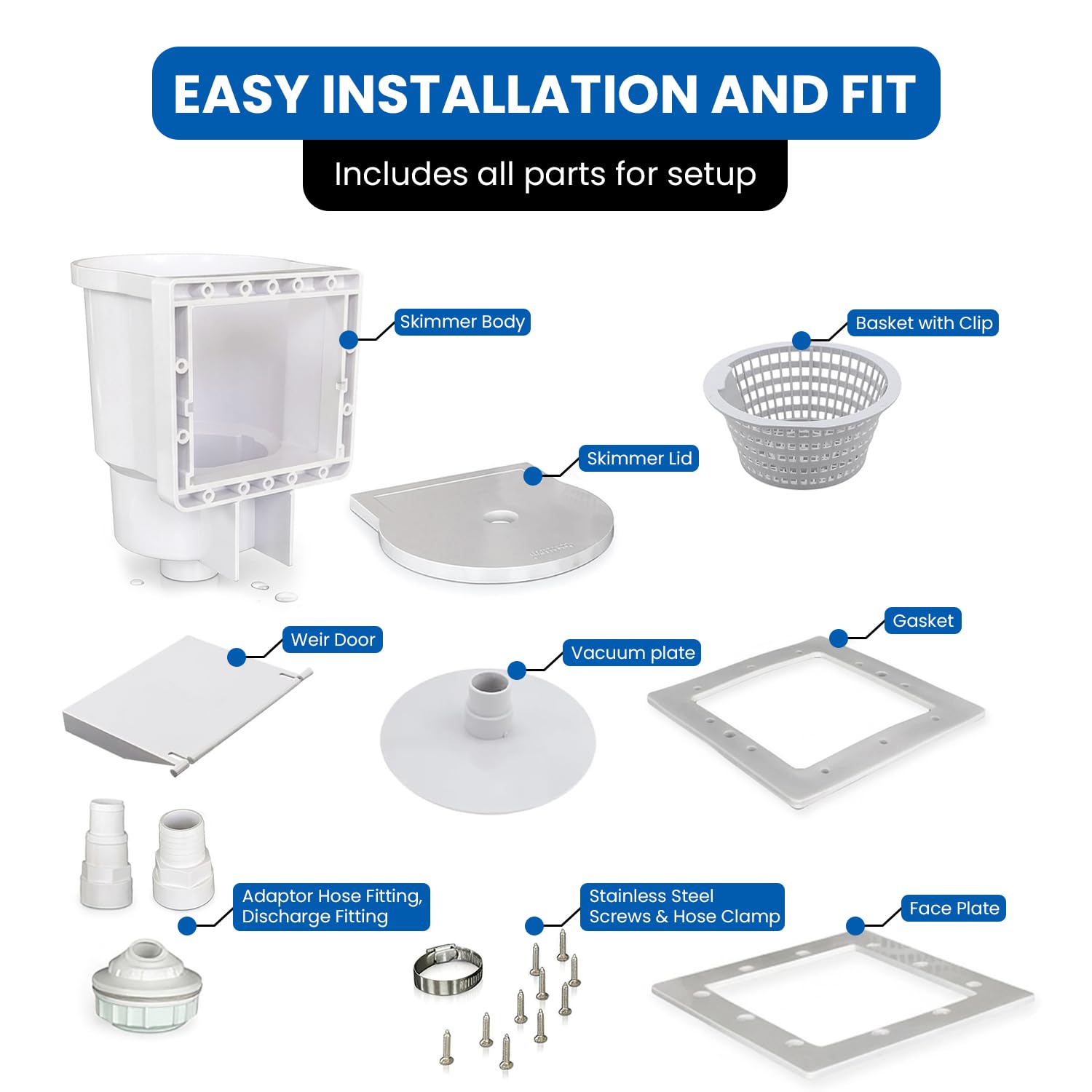 JED Pool Tools 45 – 400 Skimmer de Pared y Juego Completo de Accesorios, Color Blanco