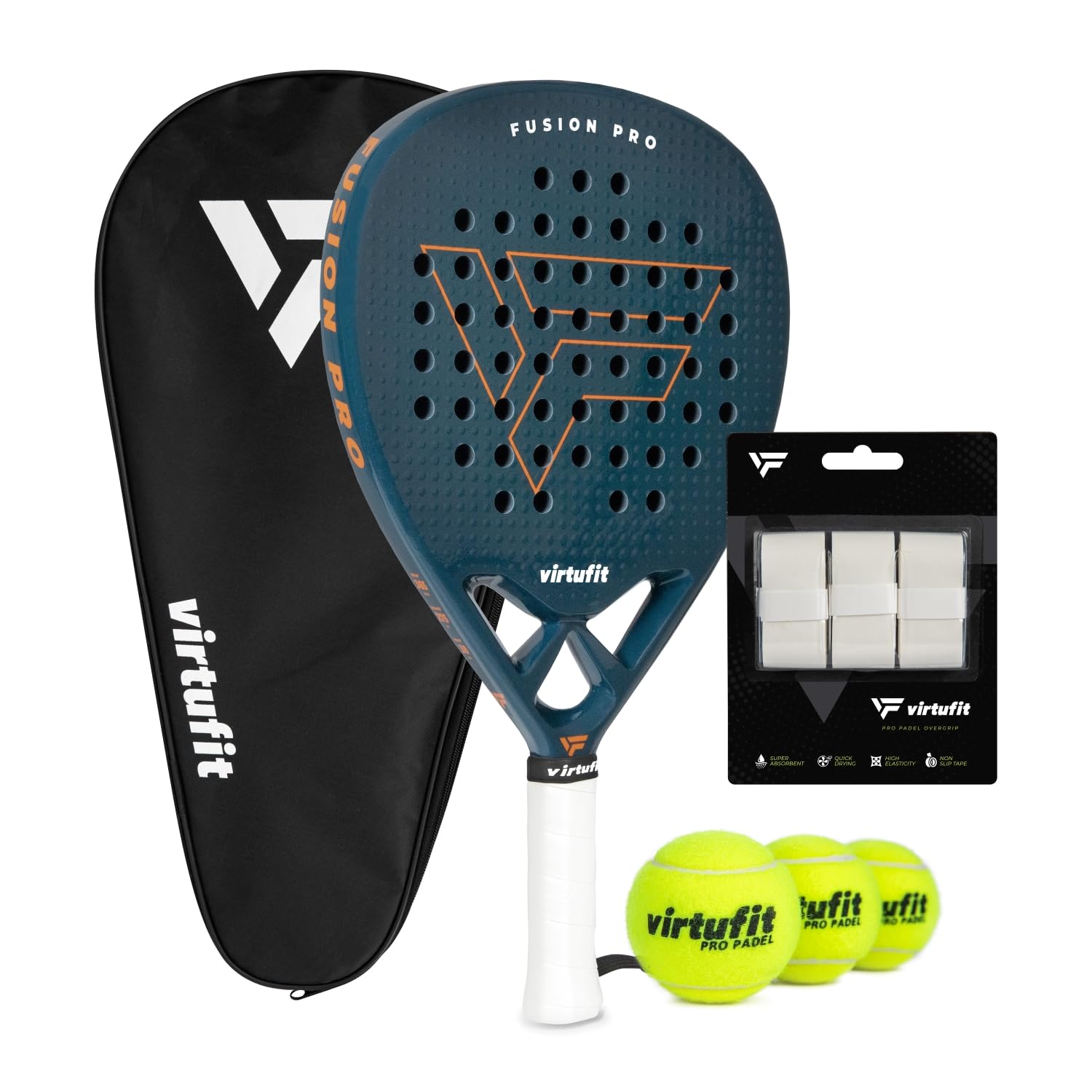 VirtuFit Fusion Pro Padel Set Deep Teal - Juego de raquetas de pádel para avanzados - Raqueta de carbono de 18 K con bolsa, 3 pelotas de pádel y overgrips
