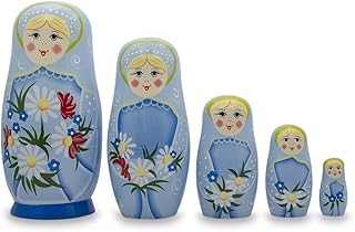 BestPysanky 5 Girls with Daisy Flowers & Blue Skirt Wooden Nesting Dolls 6 Inches