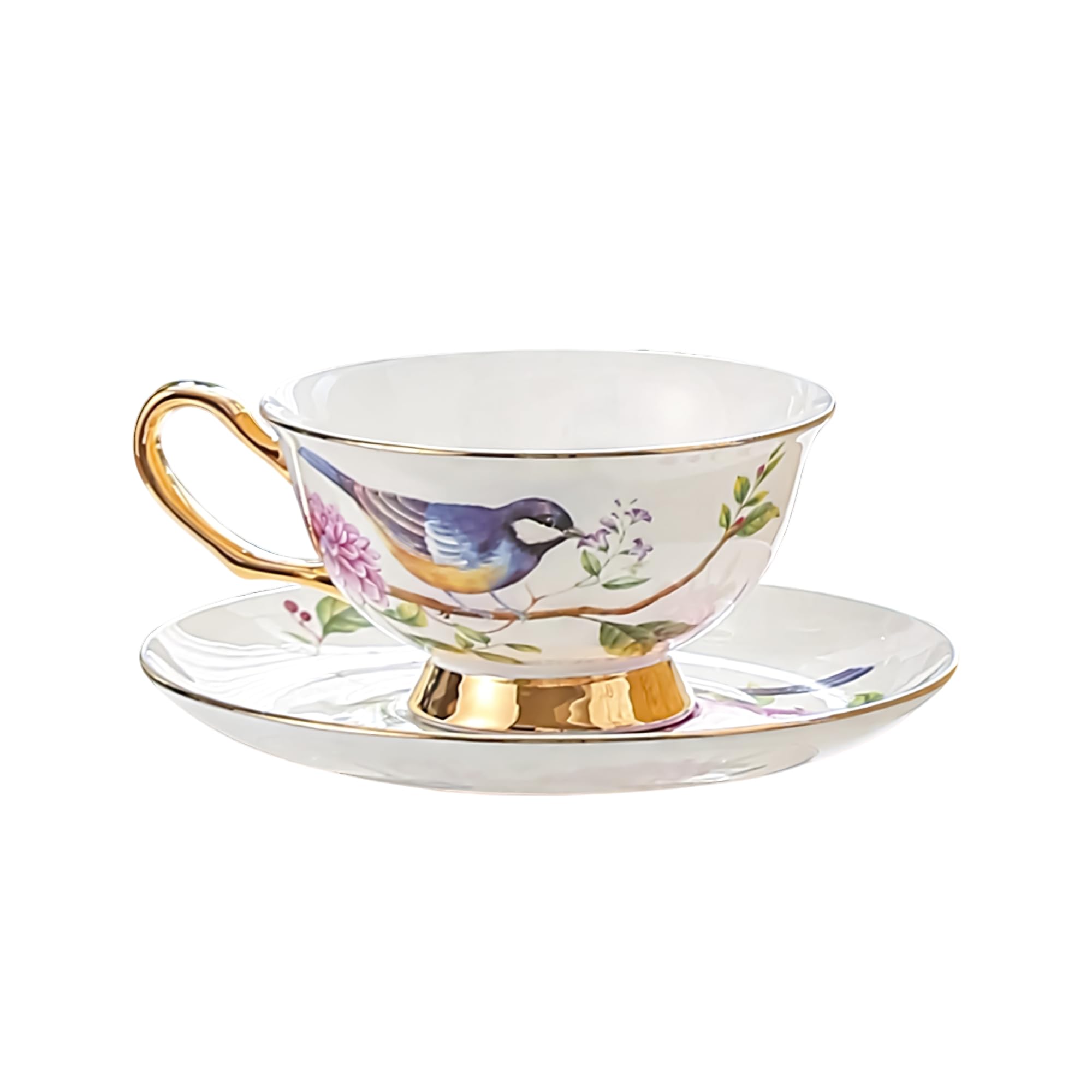 fanquare Elegante Set di Tazza e Piattino in Porcellana 200ml,Tazzina da Caffè Vintage con Uccelli e Fiori Servizio da Tè con Bordo Dorato per Colazione Pomeridiano Casa Ufficio e Regalo