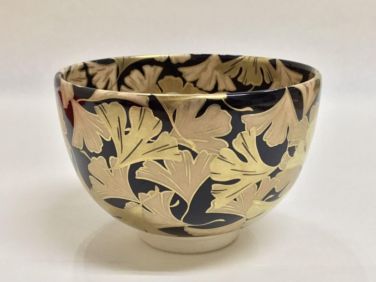 Amazon.co.jp: 茶道具 杉田眞龍 茶碗 黒地 金彩銀杏 小判印 清閑寺窯