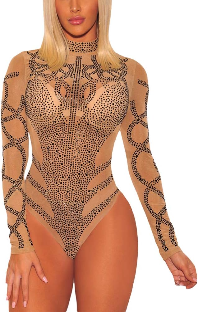Lrady Women's Sheer Mesh Turtleneck Neck See Through Leotard Bodysuit Body Tops