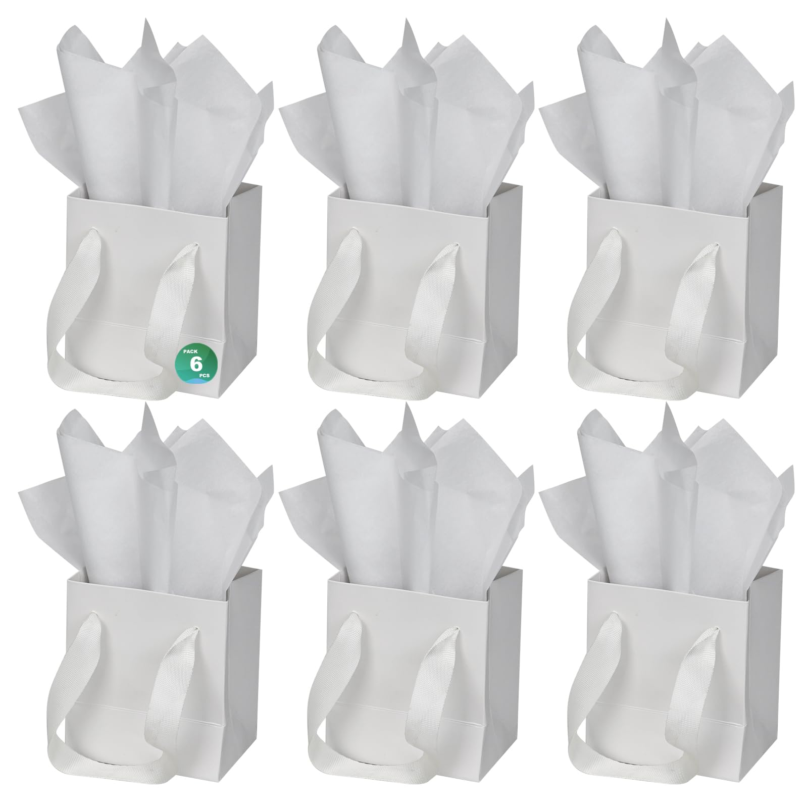 Papertide 6 Pack Small White Gift Bags 4x2.8x4.5 inch with Tissue Paper, Reusable Mini Gift Bags for Jewelry, Candles, Cosmetics, Birthday, Party Favors, Thank You Gifts