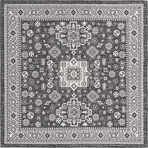 Rugs.com Outdoor Aztec Collection Rug – 10 Ft Square Charcoal Gray Flatweave Rug Perfect for Living Rooms, Kitchens, Entryways