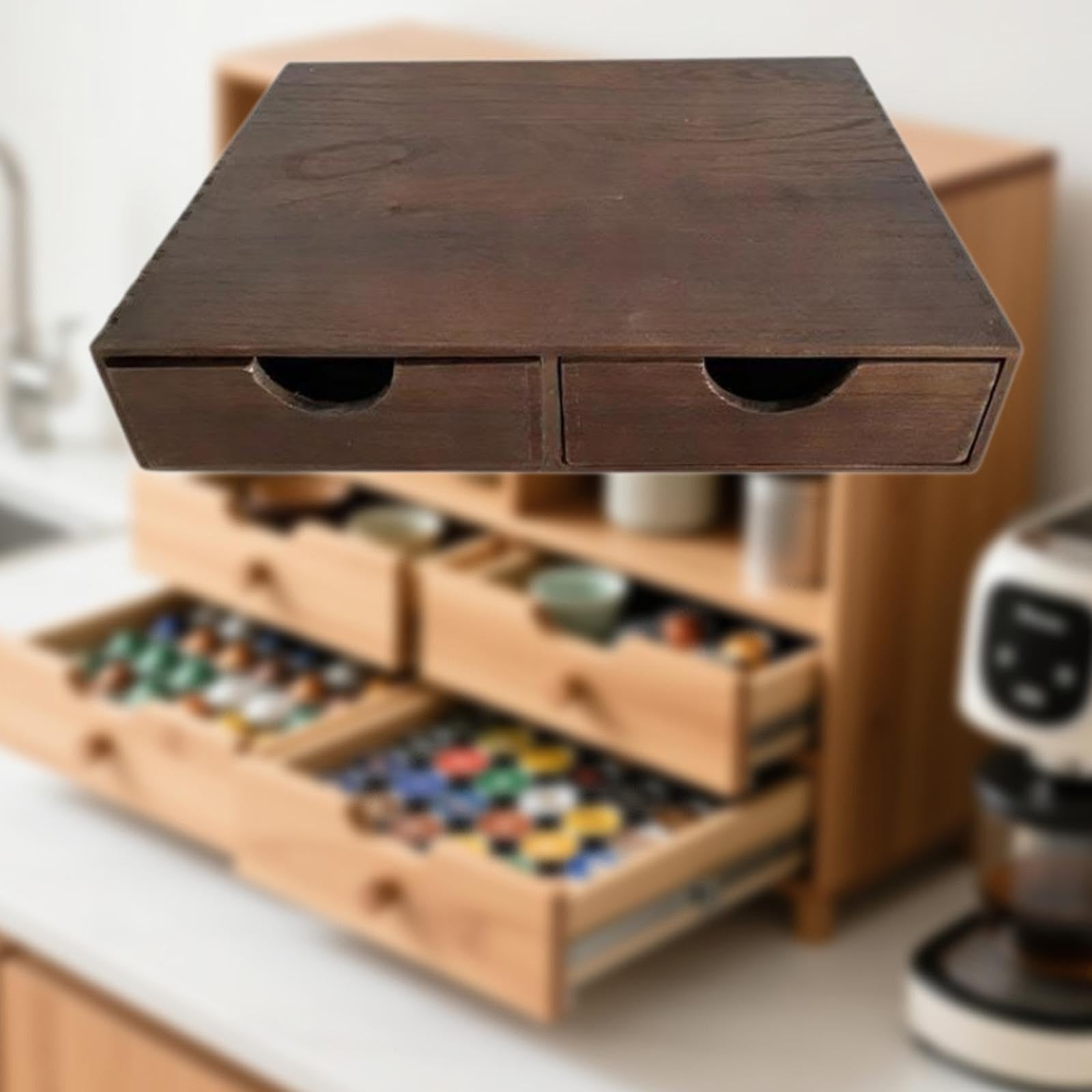 Stylowy uchwyt na kapsułki do kawy z wysuwaną szufladą, oszczędzający miejsce organizer na kapsułki Nespresso i Dolce Gusto, idealny do kuchni, biura i przechowywania detalicznego