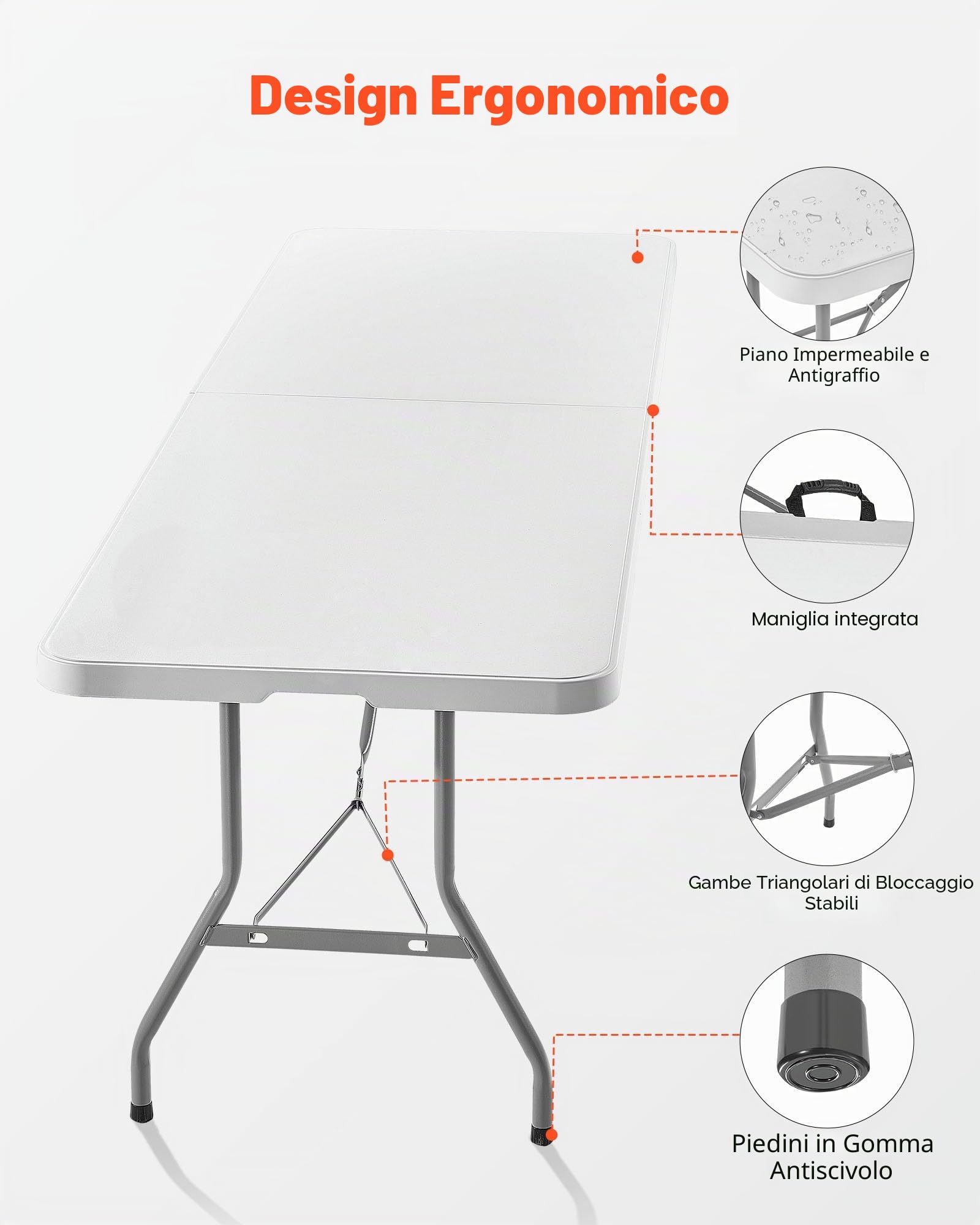VEVOR Tavolo Pieghevole a Metà, Tavolo in Plastica Resistente Portatile e Rettangolare da 2440x750x740 mm, per Interni ed Esterni con Maniglia Integrata, per Feste, Cene, Picnic, Bianco