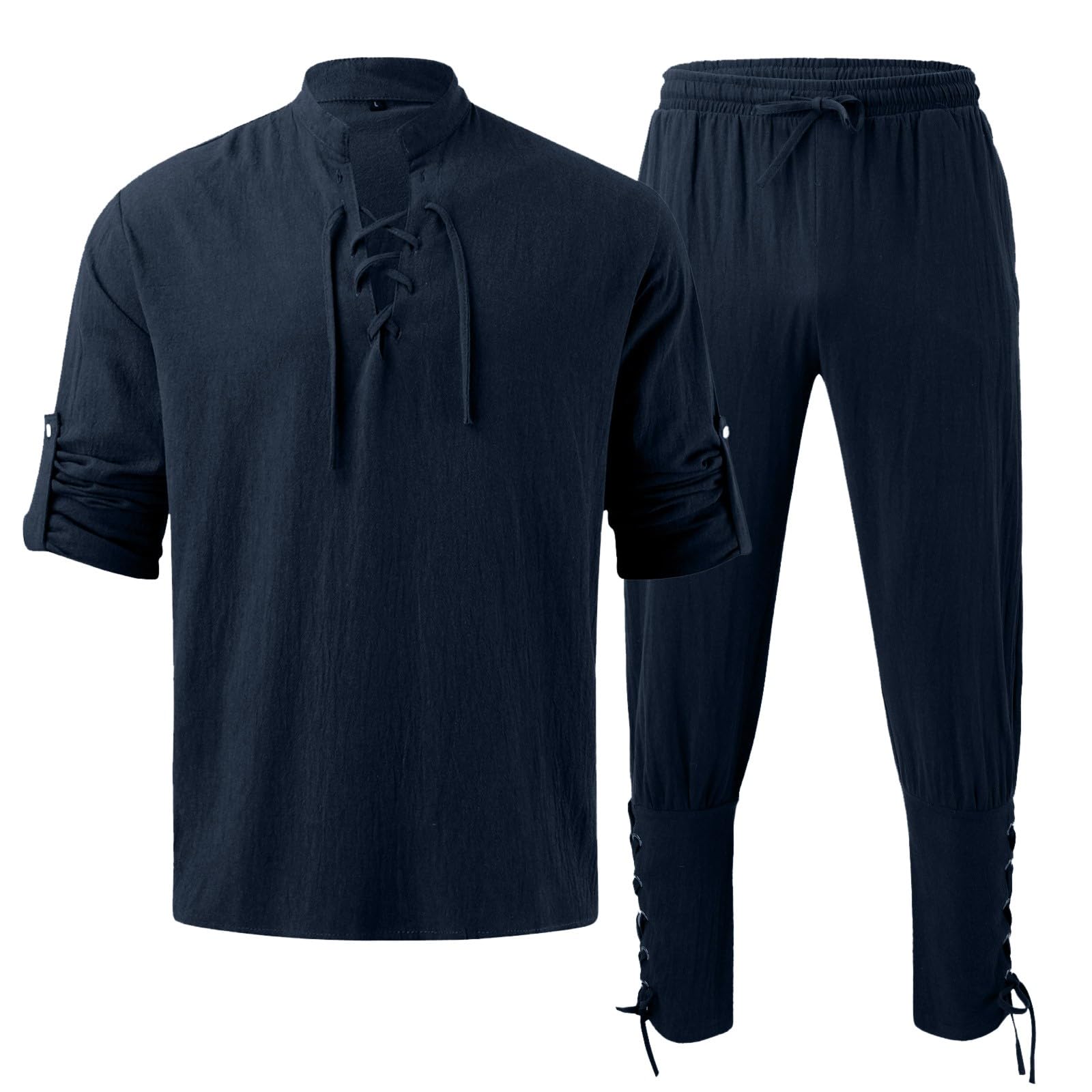 Vichingo Costume da Uomo Medievale Rinascimentale con Camicia Lino e Pantaloni Caviglia