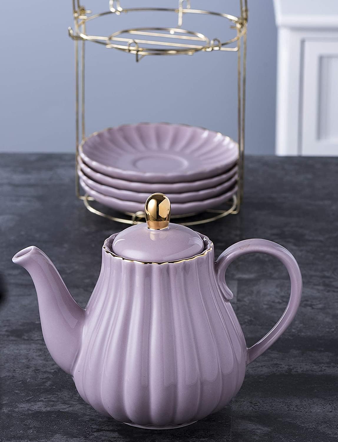 Strength Porcelain Coffee Pot Ceramic Teapot- Stripe Design (Purple)