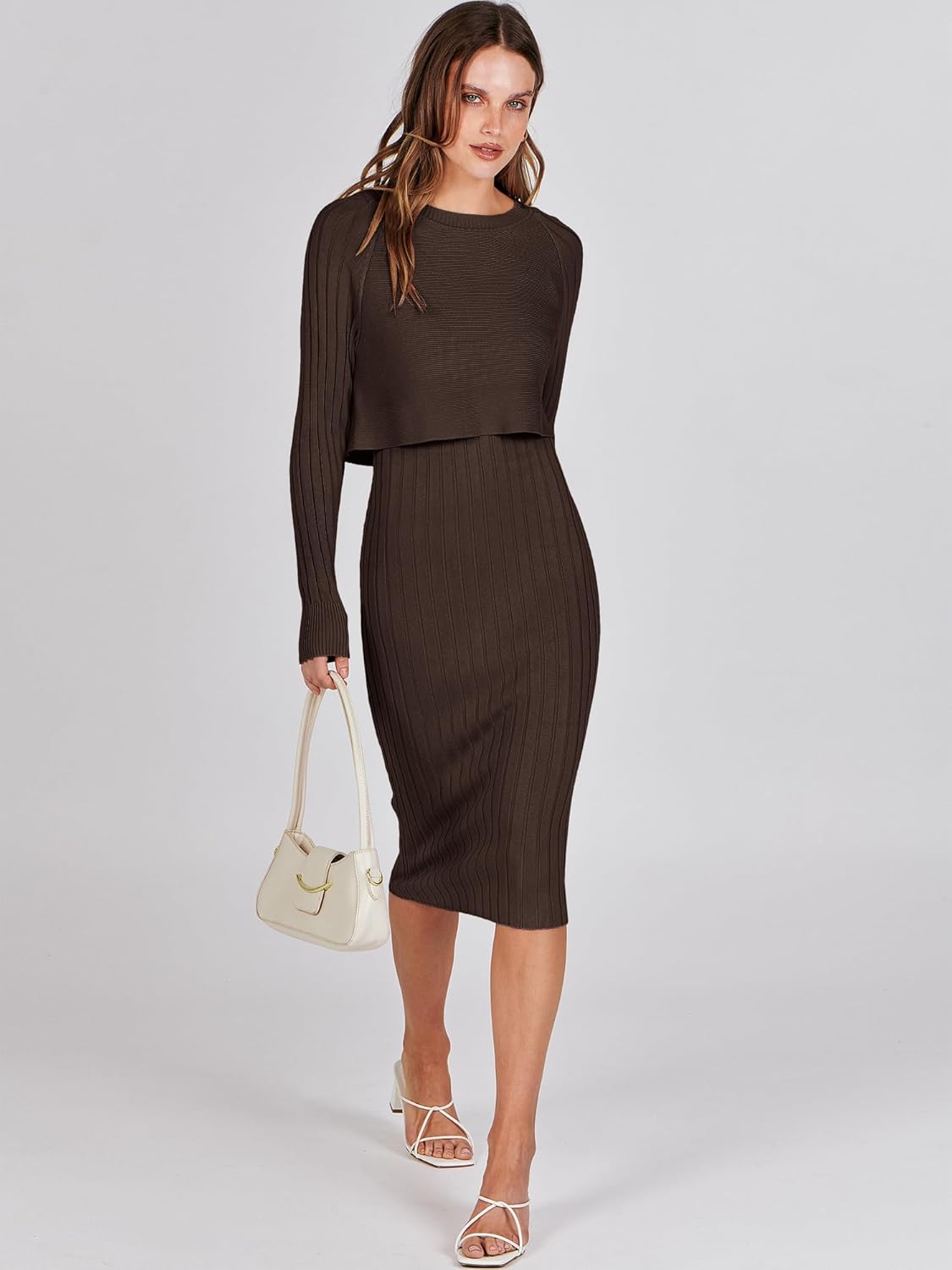 ANRABESS Womens 2 Piece Outfits Sweater Dresses Set Midi Skirt Sets Long Sleeve Crop Top Bodycon Ribbed Knit Dress 2025 Fall - Image 3