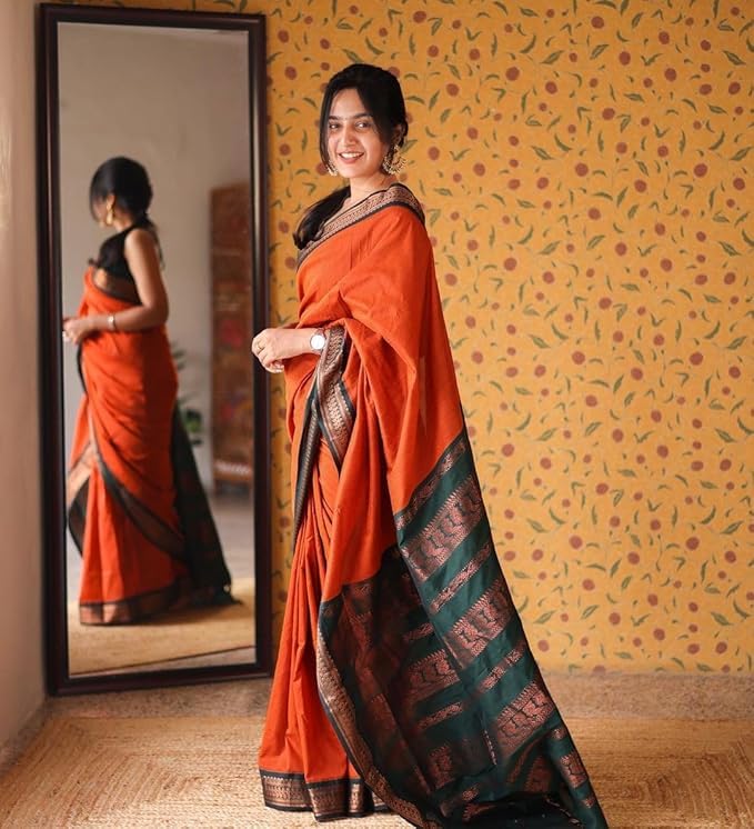 Image of Women's Kanjivaram Cotton Silk Saree South Indian Paithani Sari | gadwal cotton sarees with Zari Border and Blouse Piece - Suitable For All Indian Occasions and Festivals 191