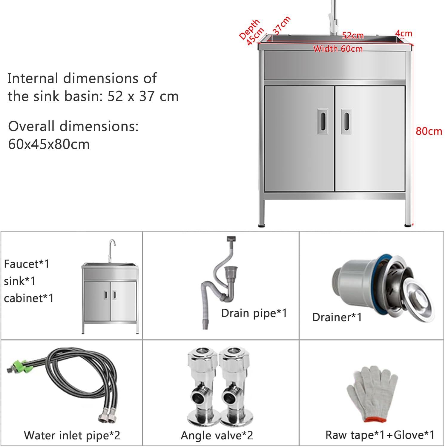 Mueble de Fregadero Exterior, Fregadero de Cocina Independiente de Acero Inoxidable con Grifo, Lavabo Individual para lavandería, Estilo rústico, Garaje.,60x45x80cm
