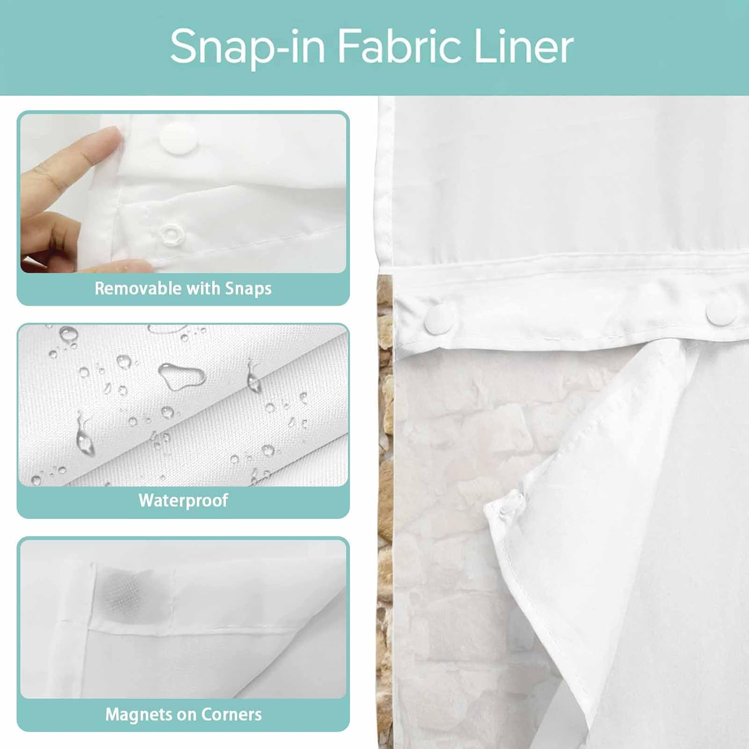 PIEPLE No Hook Shower Curtains with Snap in Liner, Brown Beige Stones Waterproof Fabric Shower Curtain, Farmhouse Stones Modern Art Double Layers & See-Through Top Window Bathroom Curtains 48''x72''