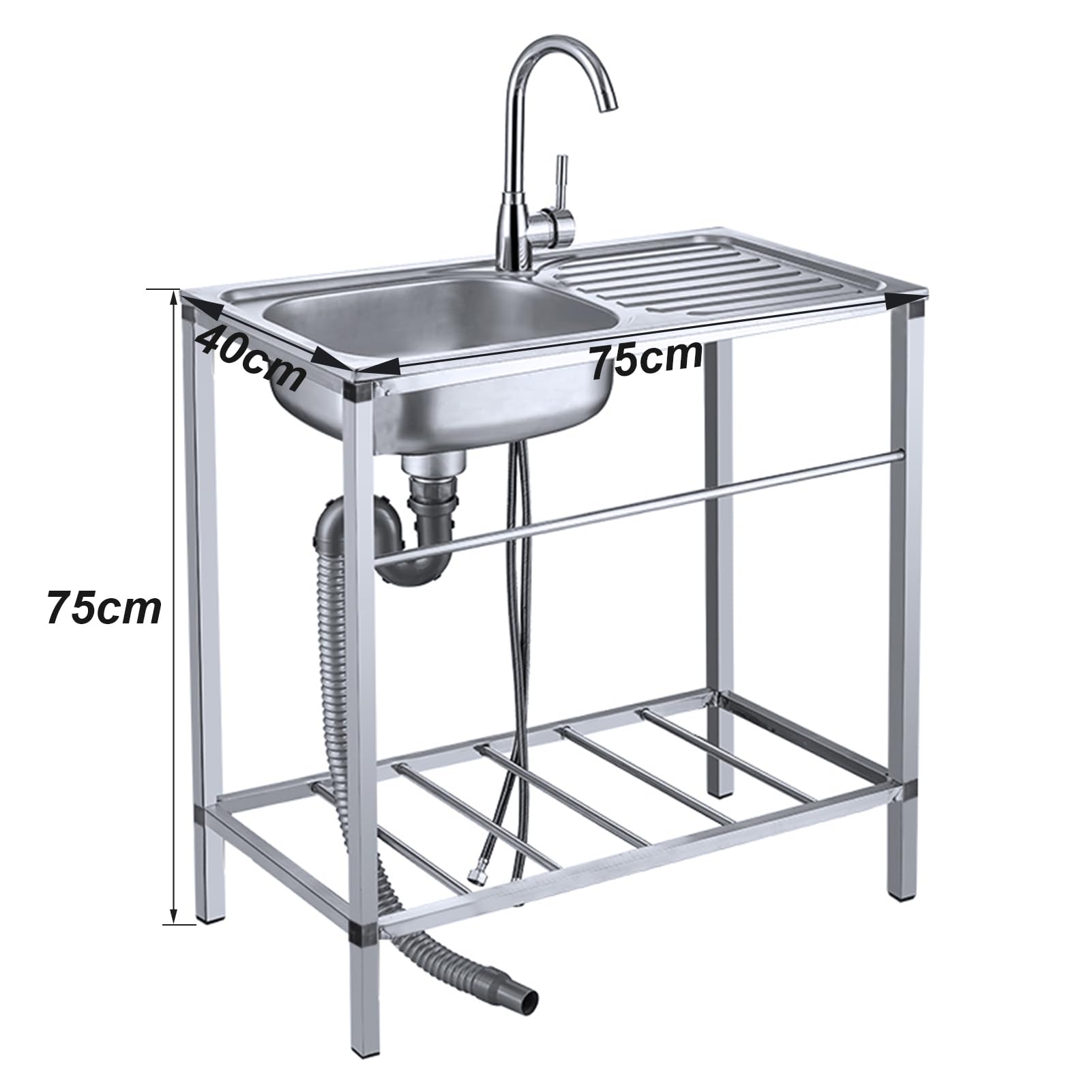 Lavello autoportante con Piano di Lavoro, Rubinetto da Cucina in Acciaio Inox per Acqua Calda e Fredda, Kit di Scarico Portatile per Garage e Giardino.