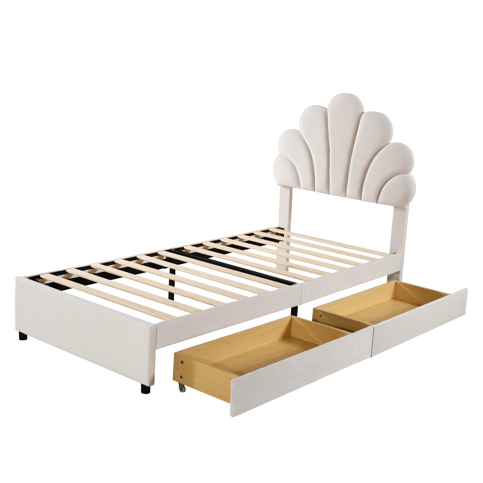 Dolamaní Jugendbett Mädchen Bett 90x200 cm, Höhenverstellbarem Kopfteil-geblümtem, Lattenrost Holz, 2 Schubladen mit Rollen, Polsterbett Sam Beige