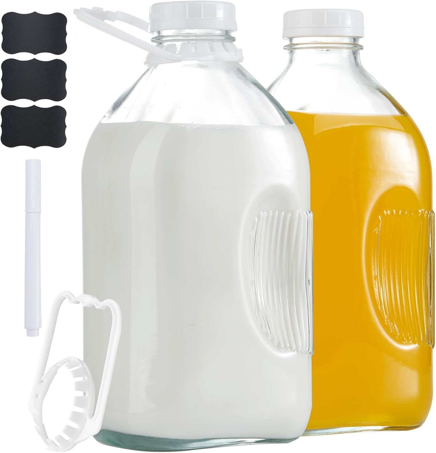 Glass Milk Jugs Bottles – Half Gallon / 2Qt Container Pitcher with Airtight Screw Lids and Handle for Milk, Breastmilk, Juice, Iced Tea, Cold Water, 64 OZ Set of 2
