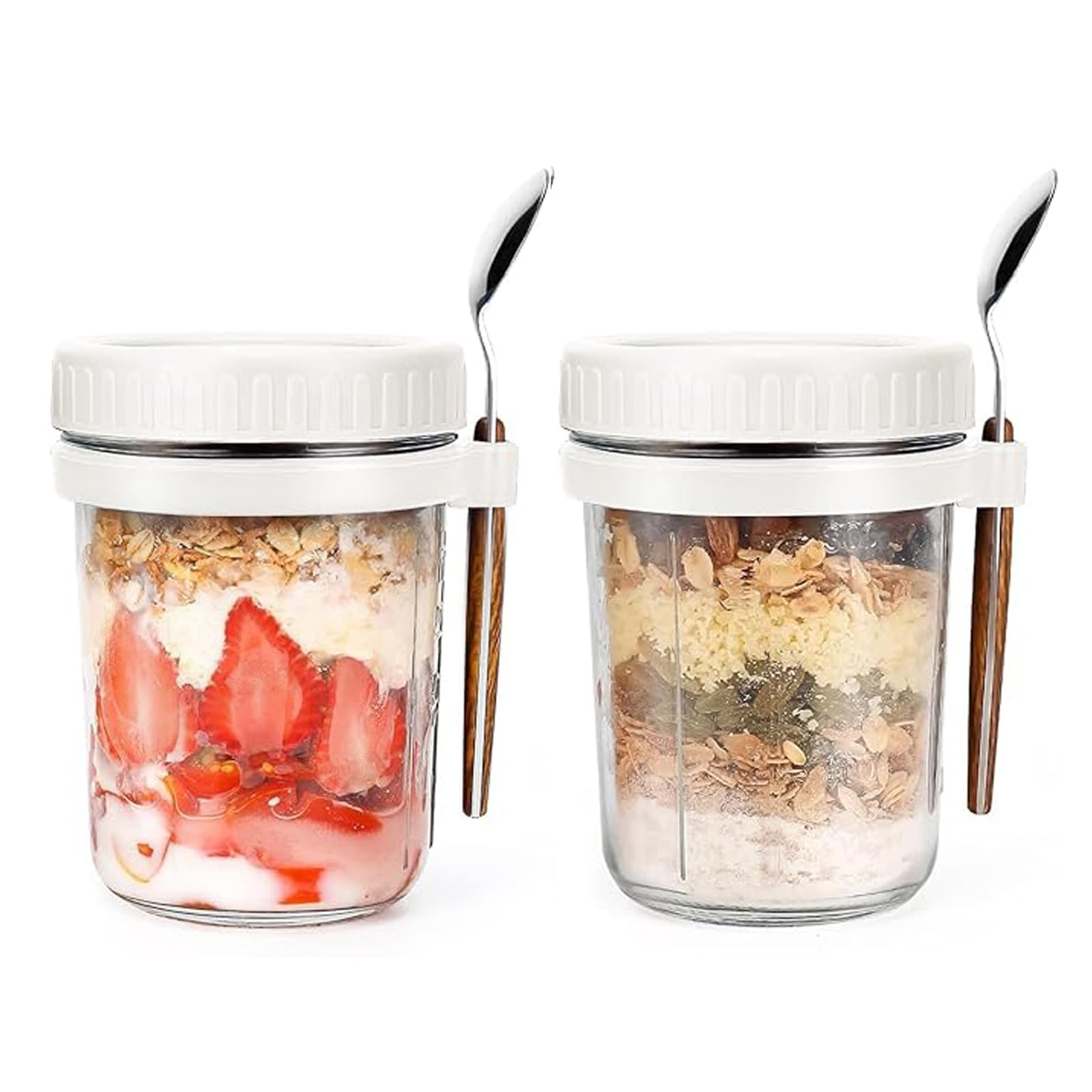 WyndShades Overnight Oats Jar – 2 Pack White 350ml Glass Jars with Lids and Spoons, Airtight Mason Jars with Measurement Marks for Oatmeal, Cereal, Milk, Fruit, Yoghurt