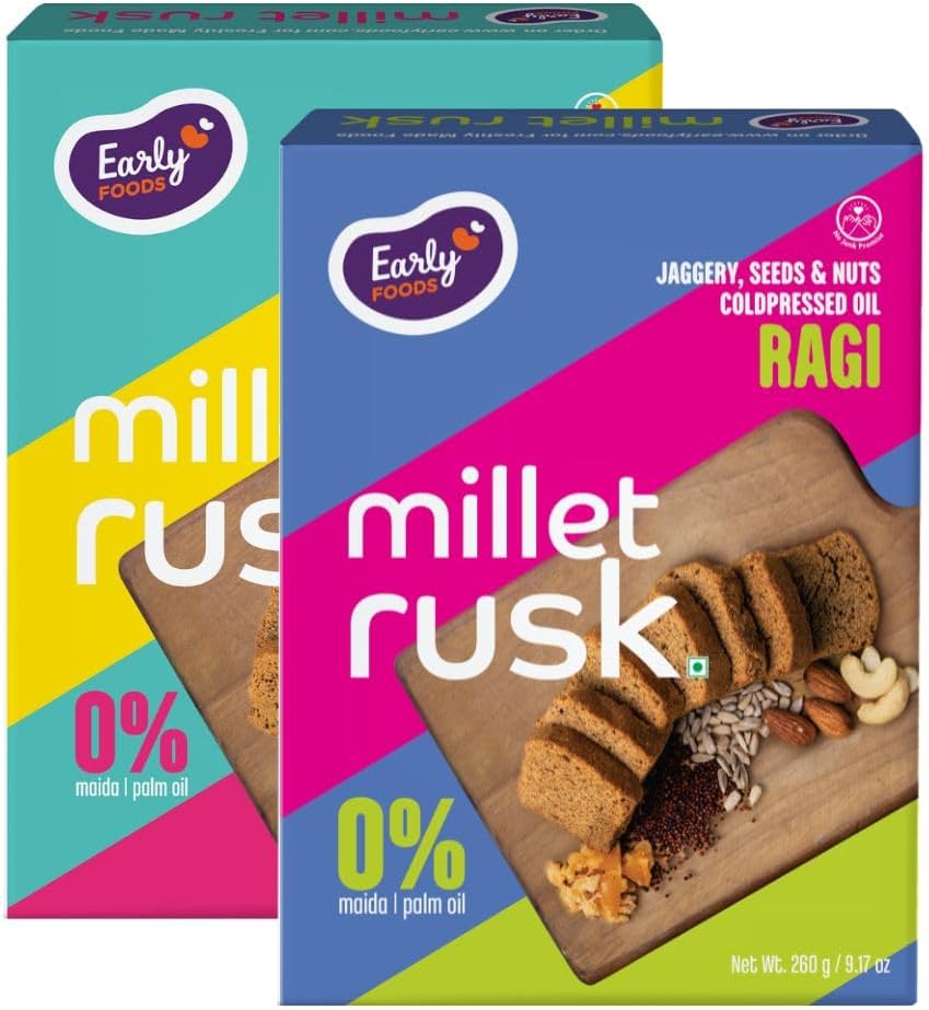Assorted Pack of 2: ZERO MAIDA Ragi & Jowar Rusk | Sugar Free Millet Rusk with Jaggery | No Maida Whole Wheat Rusks | Kids Snack | Tea Toast | Millet & Atta Toast 270g x 2