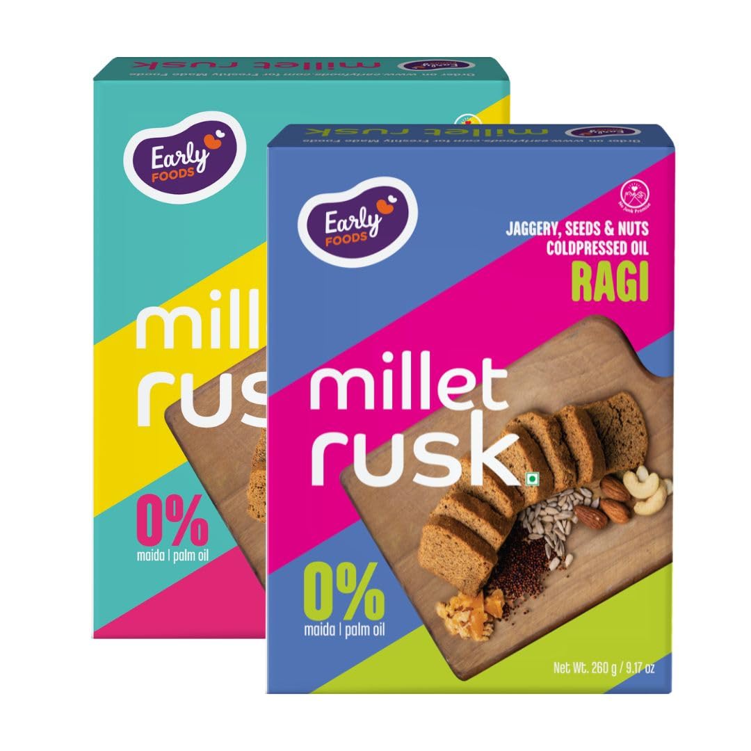 Early Foods Assorted Pack of 2: ZERO MAIDA Ragi & Jowar Rusk | Sugar Free Millet Rusk with Jaggery | No Maida Whole Wheat Rusks | Kids Snack | Tea Toast | Millet & Atta Toast 270g x 2