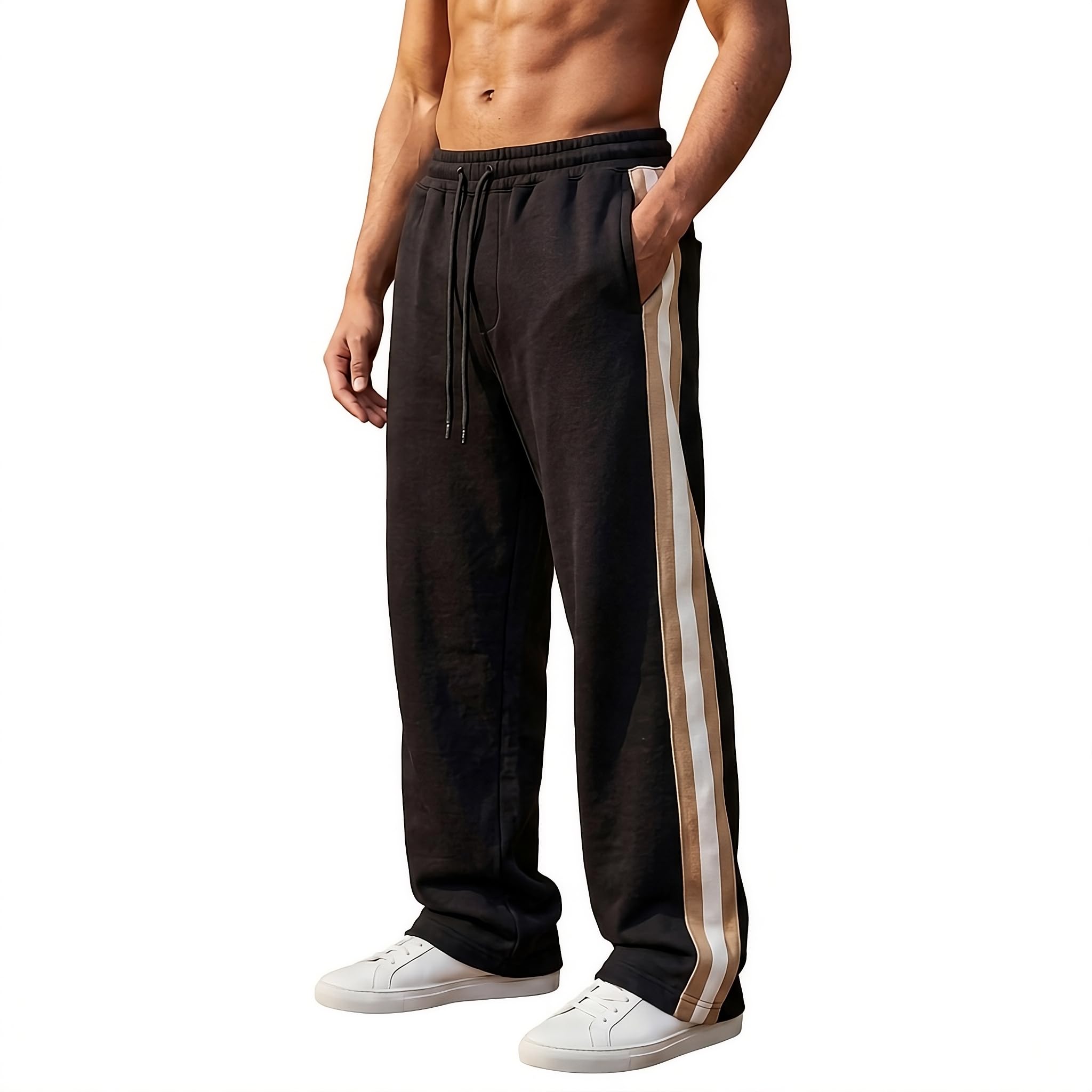 Black Track Pants Men and Women with Contrast Side Stripes, Regular Fit, Elastic Drawstring Waist, Side Pockets, for Gym, Casual and Lounge Wear-image-41