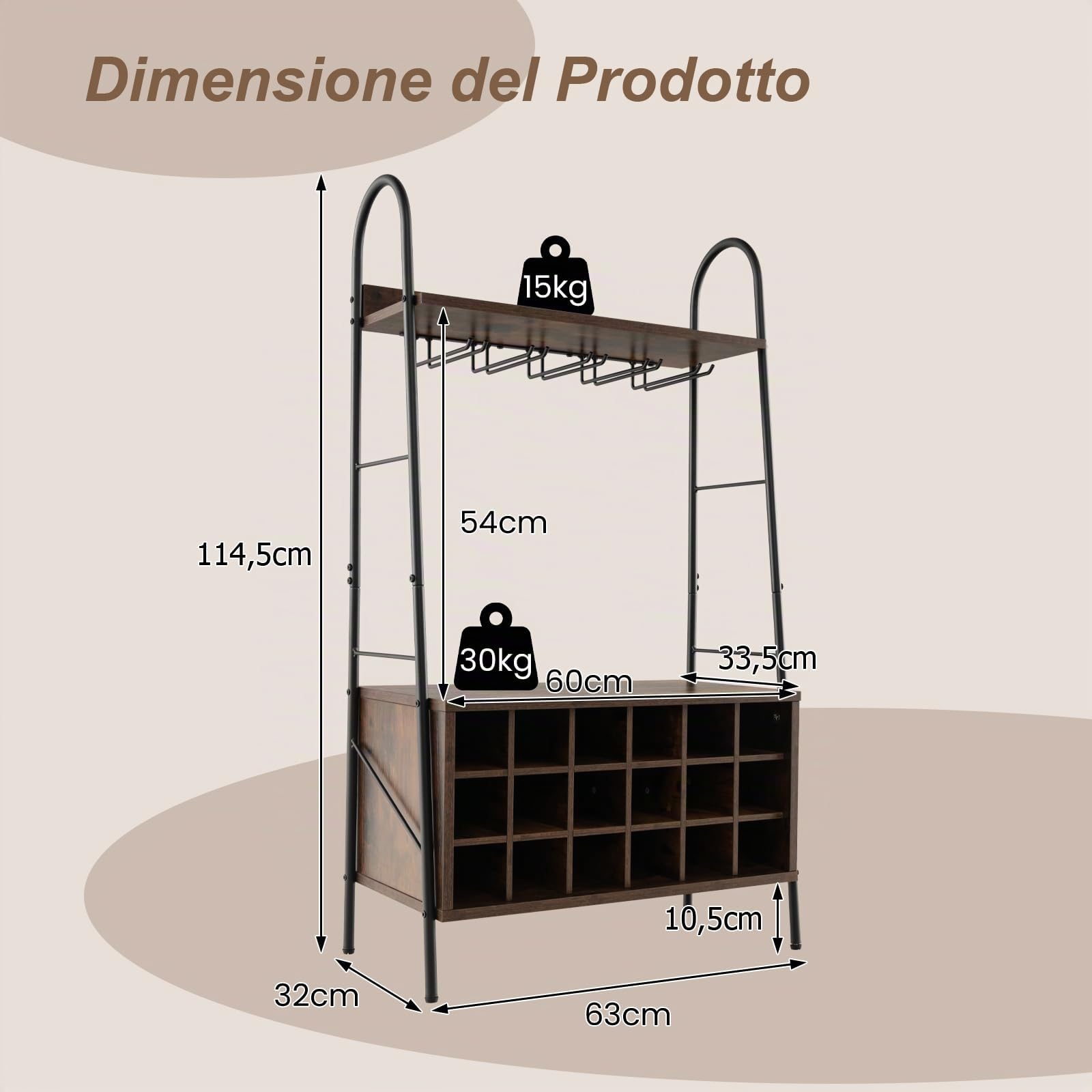 GYMAX Portabottiglie di Vino da Terra per 18 Bottiglie e 15 Calici, 63 x 32 x 114,5 cm, Cantinetta Vino, Portabottiglie Staccabile, 2 Ripiani Aperti, Scaffale Porta Vino per Casa Bar, Marrone