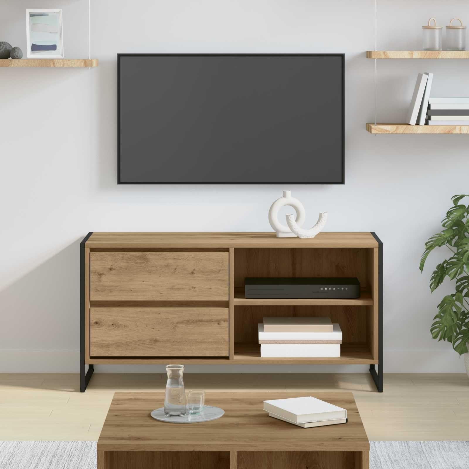 39-Inch Industrial TV Stand with Drawer and Steel Legs, Oak | Crafted from engineered wood, this low profile media center offers open and closed storage for living room entertainment.