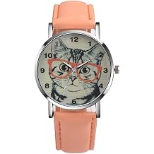 Unisex Scholar Cat Pattern Leather Band Analog Quartz Dial Wrist Watch Blue
