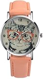 Unisex Scholar Cat Pattern Leather Band Analog Quartz Dial Wrist Watch &lpar;Blue&rpar;