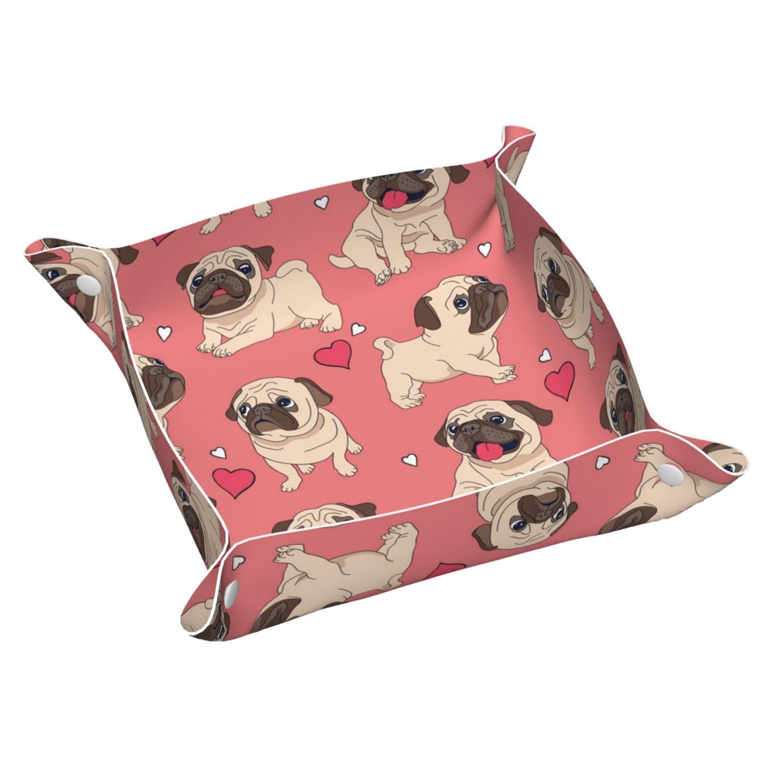 InOmak Valentine's Day Heart Pug Dog, Leather Storage Tray Jewellery Organiser Desktop Catchall Tray, Dresser Organizer Plate,M