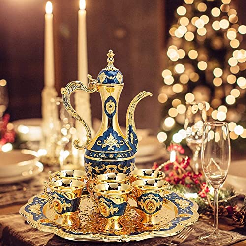 Vintage Turkish Coffee Cup Set with Teapot, 6 Coffee Cups & Tea Tray - Artisan Wedding Gift (Blue) - Image 4