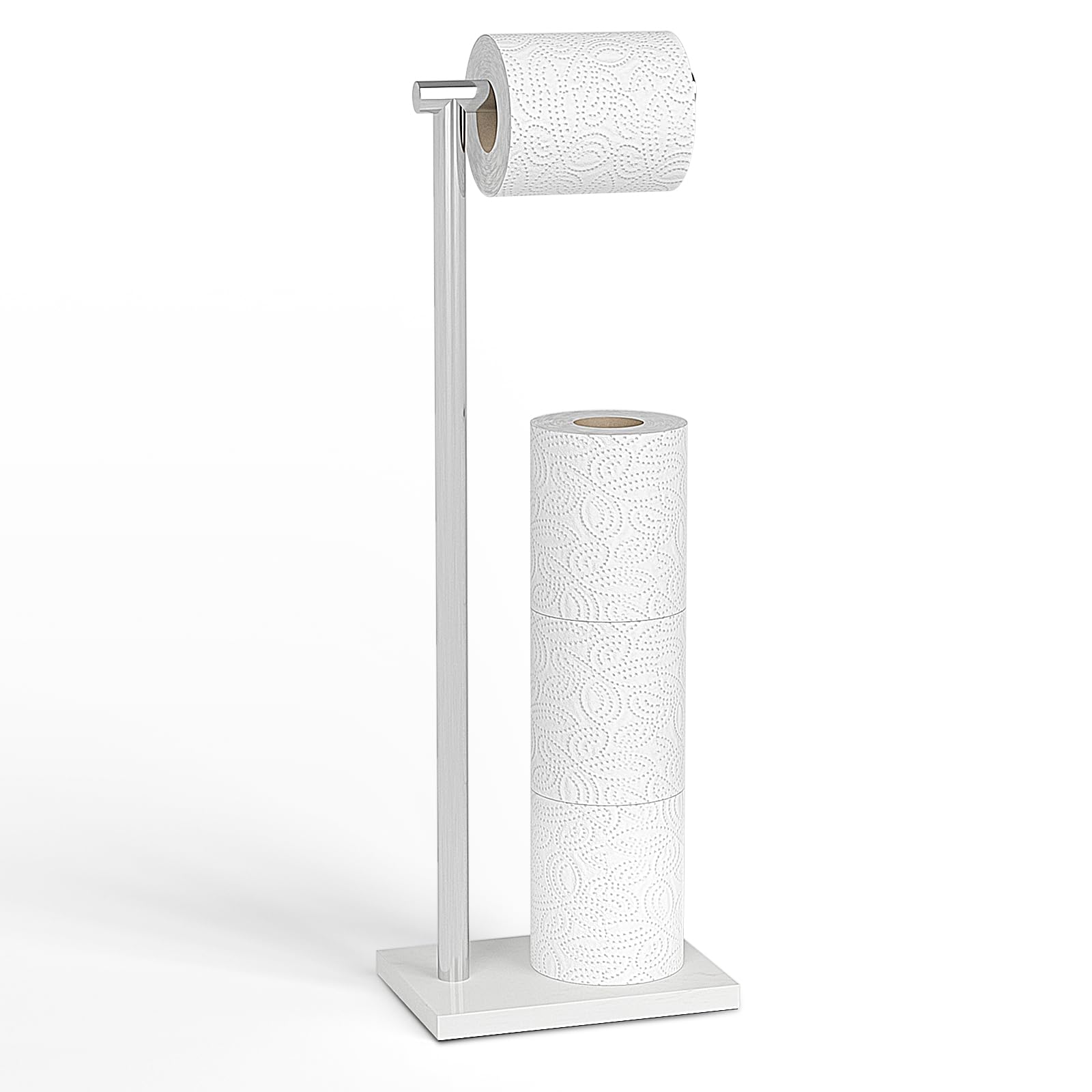 Topsky Toilet Roll Holder Free Standing Toilet Paper Holder - Stainless Steel Standing Toilet Roll Holder - Marble Base Paper Storage for Bathroom Holds 4 Paper Rolls (Silver-1 Upgraded Version)