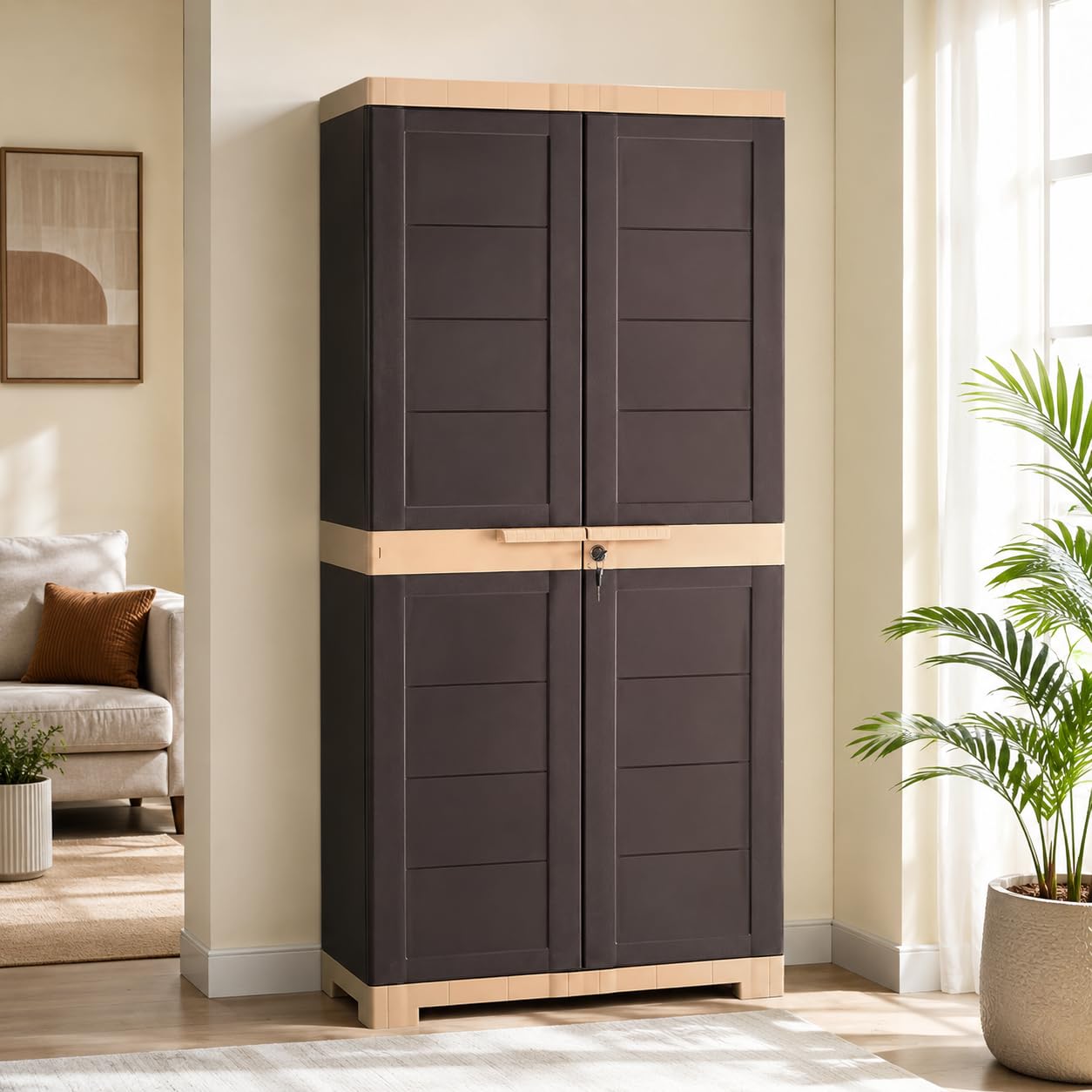 Cello Novelty Big Plastic Cabinet with Dustproof Doors| 3 Year Warranty | Almirah, Cupboard, Wardrobe for Home, Living Room, Bedroom, Kitchen, Office, Outdoor| Brown & Beige Colour