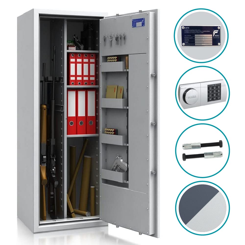 SafeHero Waffenschrank Klasse 1 EN 1143-1 Secureo Eagle 7 Kombi | Waffenschrank 1 für 7 Langwaffen | Langwaffenschrank Elektronikschloss mit Schlüssel | Waffenschrank Langwaffen, Kurzwaffen + Munition