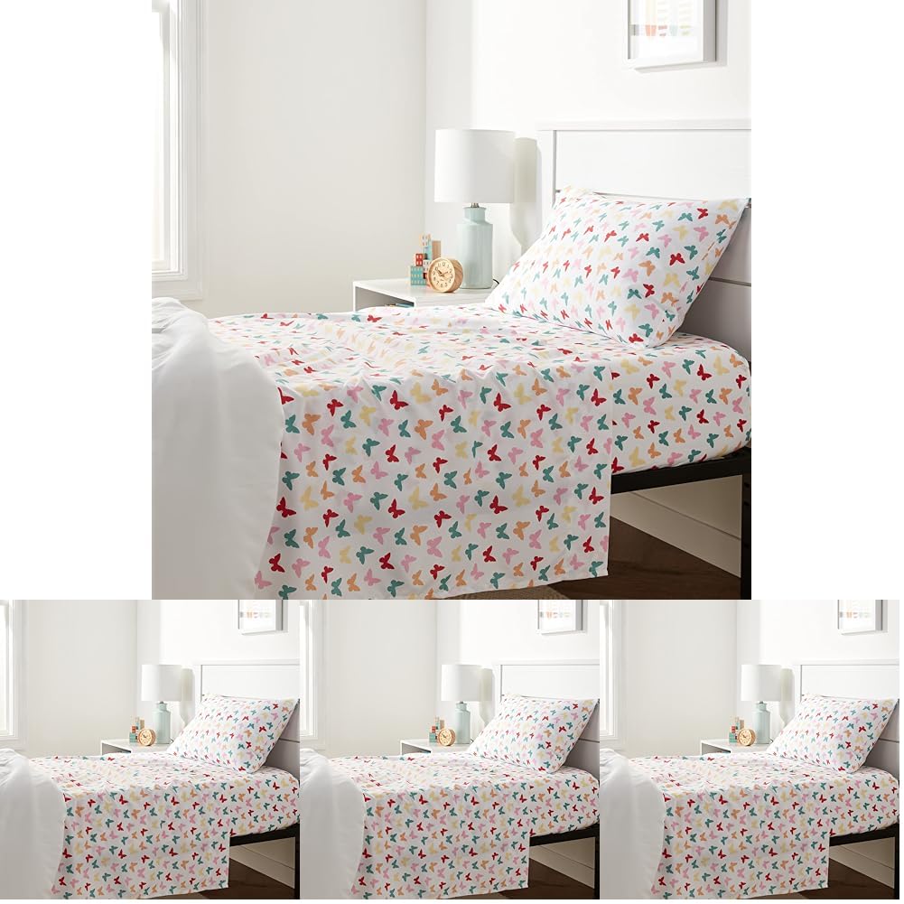Amazon Basics Kid's Soft Easy-Wash Microfiber 3-Piece Sheet Set,Twin,Multi-Color Butterflies,Butterfly Friends,Printed,(Pack of 4)