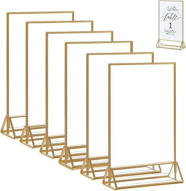 6Pack Acrylic Gold Sign Holders, (4 x 7.4inch) Upright Double Sided and Vertical Stand Table Menu Holders, Clear Picture Frame for Wedding Table Numbers, Banquet, Restaurant Signs Display