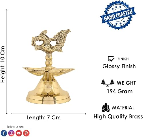 Miniatura 3 de SATVIK - 1 pieza de latón Panchmukhi Peacock Kerala Samai Puja Diya Kutthu Vilakku lámpara de aceite Pooja 1 paso Diya diseño grabado Deepak Indian