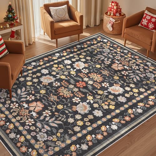 UERMEI 5x7 Area Rug Living Room Rugs - Washable Boho Vintage Floral Large Soft Non Slip Thin Rug Low Pile Carpet for Bedroom Dining Room Kids Playroom Office Decor Indoor- Black Grey