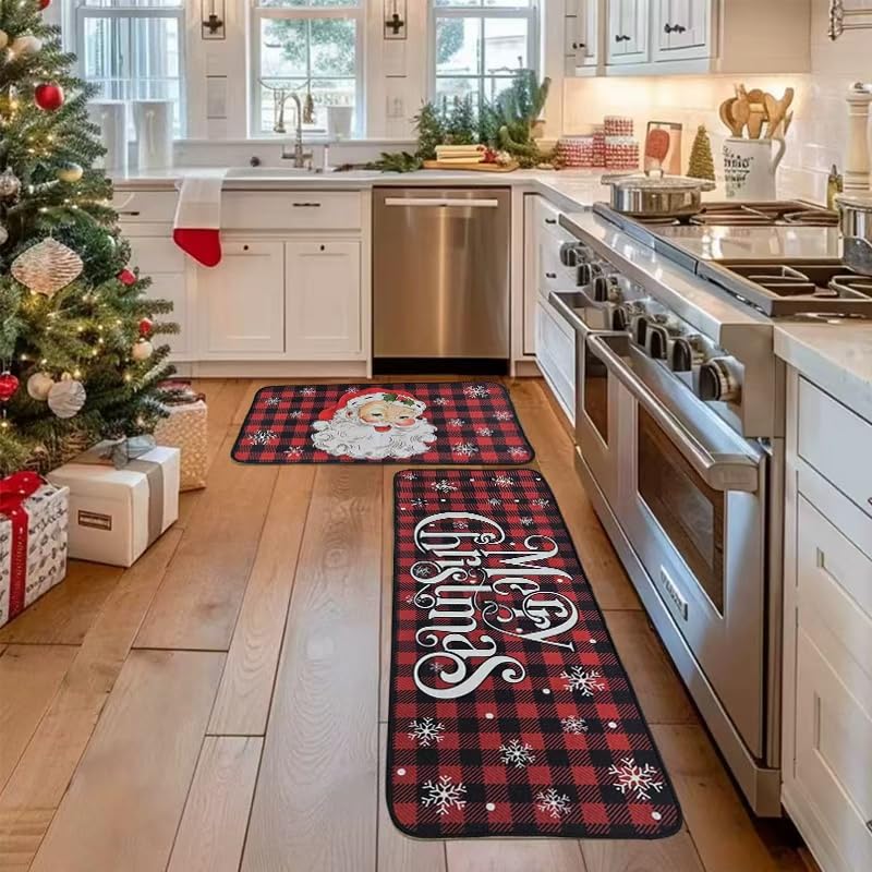 Merry Christmas Kitchen Mats Set Of 2, Anti Fatigue Waterproof Stain Resistant Floor Rug Blue Christmas Decorative Non Slip Cushioned Floor Mat - 16x24 And 16x47 Inch