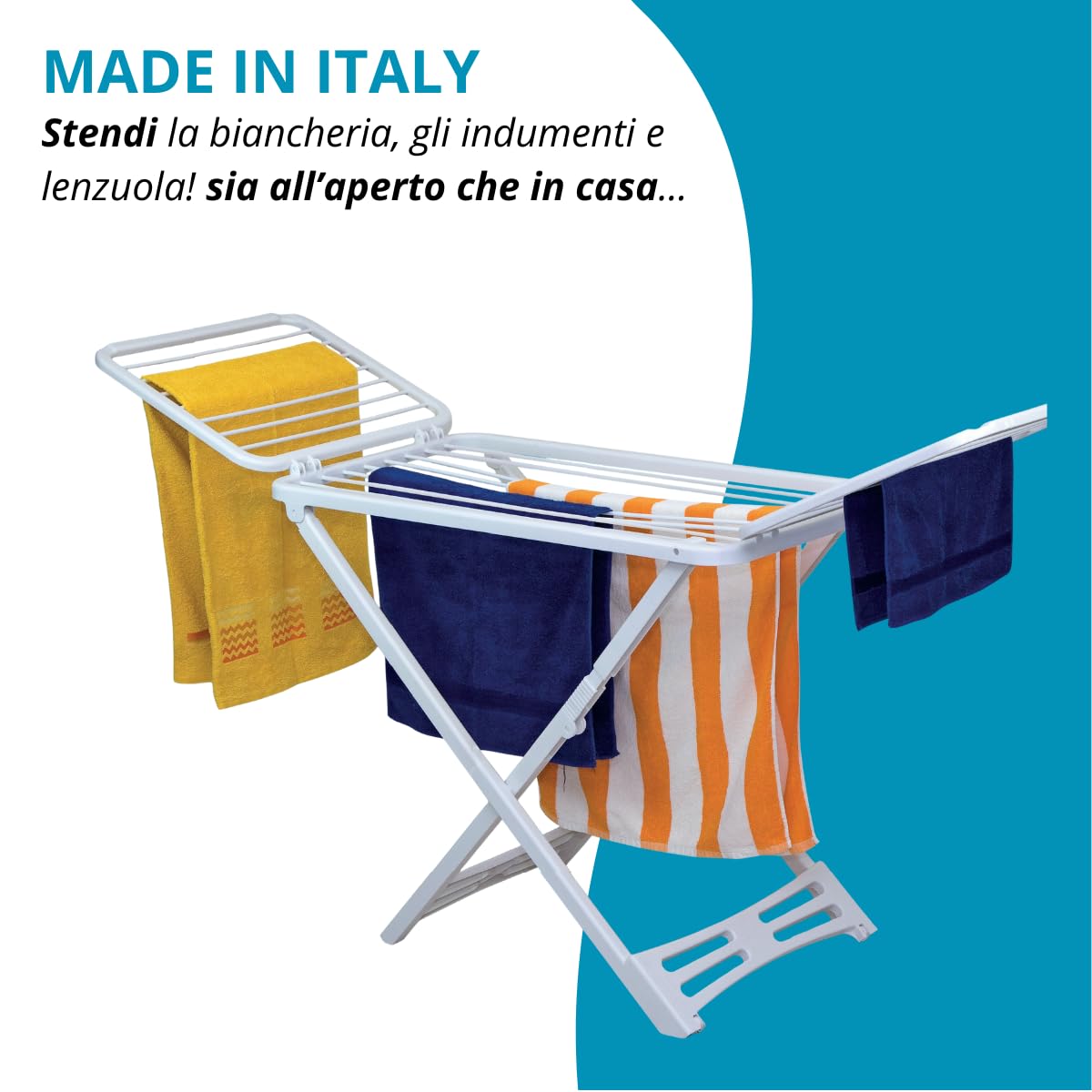 Tomaino - Stendino in Plastica Resistente per Interno ed Esterno - 20 mt - Stendibiancheria Pieghevole con Ali e Rotelle - 197x56x124 cm